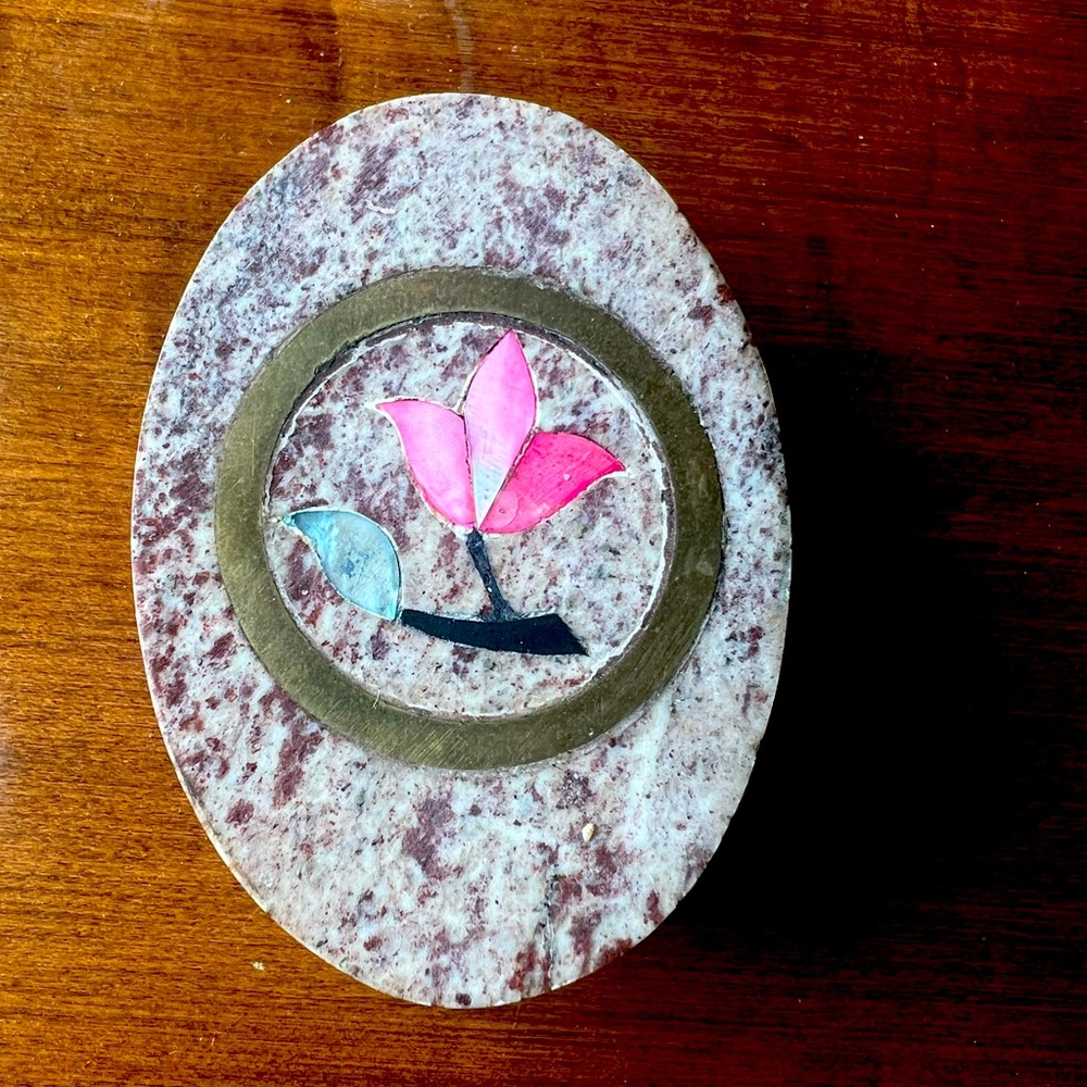 Vintage Marble Floral Inlay Trinket Box Pink Red Stone Oval Decorative Container